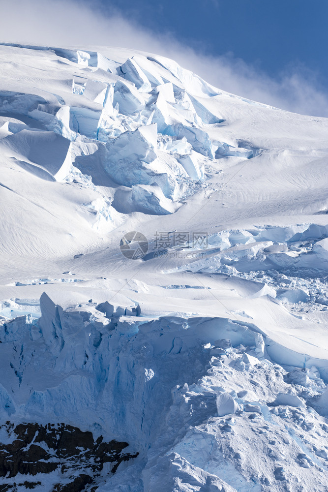冷冻山顶高有蓝色雪和冰层紧靠南极洲的天空缺口独特图片
