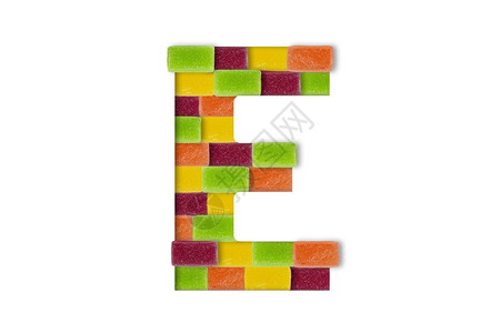 果冻字母黄色的品尝孤立在白色背景上的糖果或字母表拉丁食品字母表糖果E孤立在白色背景上的糖果或字母表E水设计图片