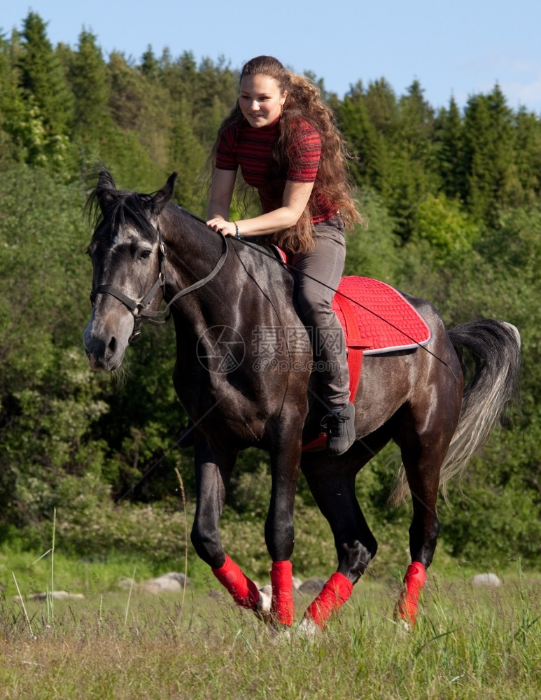户外森林女孩骑着一匹绿色木头背景的马纯种图片