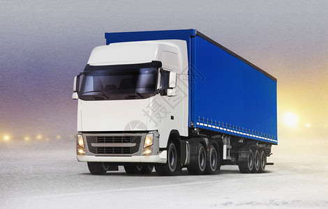 交货商业的雪暴中冰路上有蓝色拖车的白卡图片