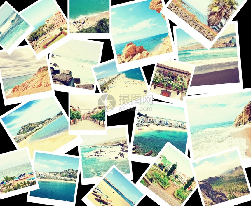 摄影夏季假日不同地方照片的堆叠和拼贴图示Retro照片在白色边界上被放在黑色背景上筛选岛屿图片