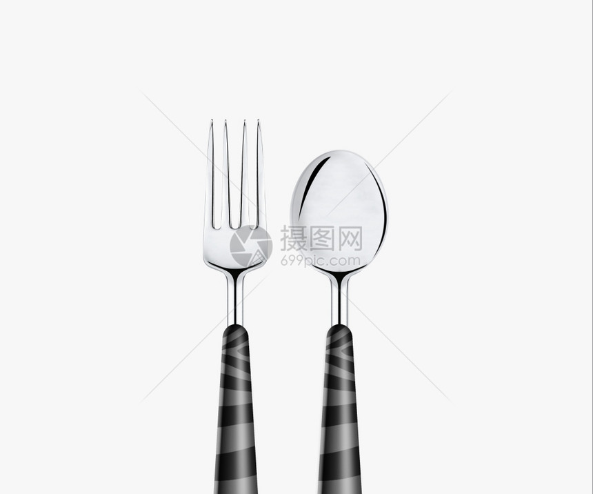 晚餐在白色背景上隔离的叉勺和刀防锈收藏图片