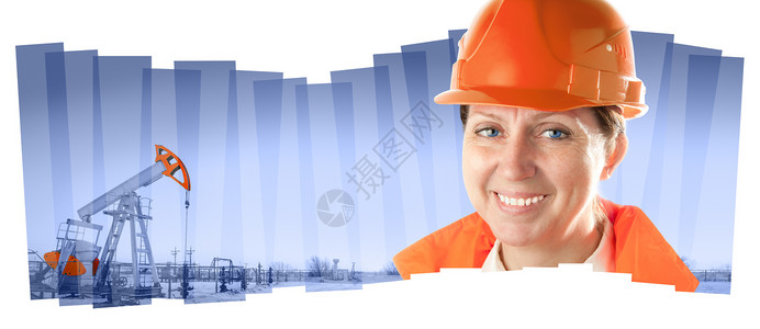 河南工业大学泵白色的身穿橙制服和戴头盔的女石油工人在拼贴背景上戴头盔在油田组合中的女工业人矿设计图片