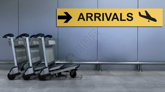 大车标志假期飞机建筑旅行和运输概念内抵达机场终点站目录的机场标志将模糊袋式散货箱作为前方景图案大车背景