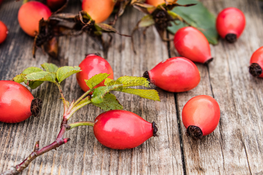 药物灌木红莓和玫瑰花叶在木制桌上红莓和玫瑰树叶在木制桌子C上束图片