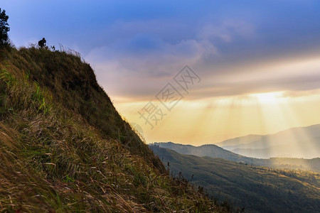 与景观摄影师一起在山上拍摄美丽的阳光照雷森林人们男高清图片