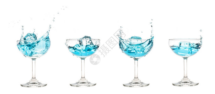 香槟酒高脚摄影带有蓝色水喷洒的玻璃包括剪切路径溅起流动清爽设计图片