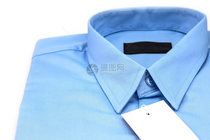 代表白背景上孤立的蓝色衬衫包装好的零售图片