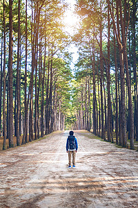 背包客徒步男子包在森林中行走人们自然图片