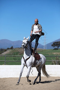 在沙地上骑白马的穿便衣年轻特技男力量乐趣动物图片