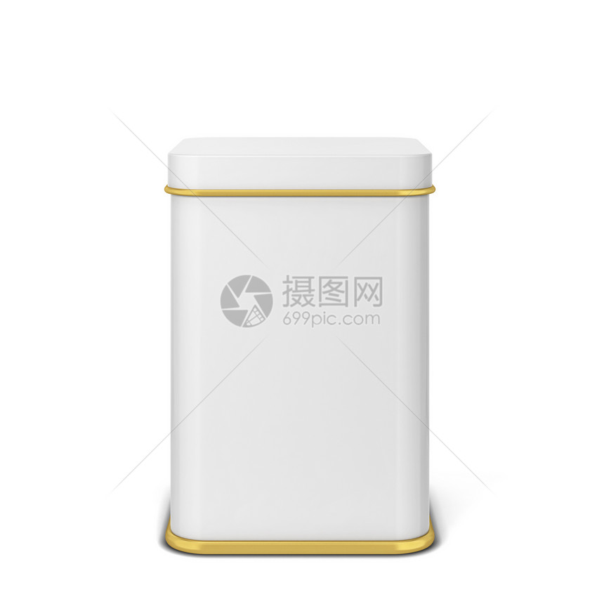 用于茶叶或咖啡的矩形锡罐3d插图白色背景上孤立金的或者空图片