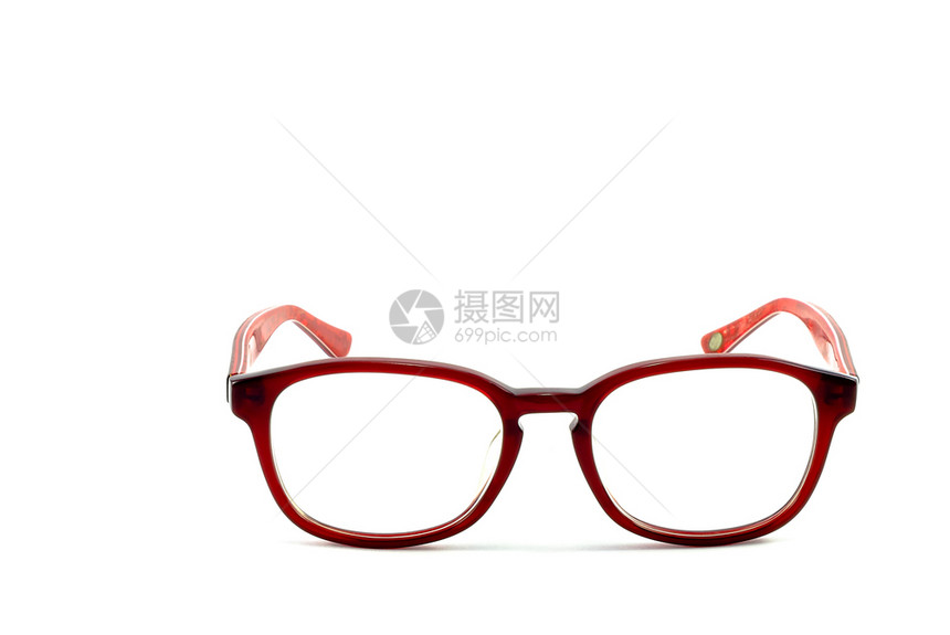 眼睛塑料放大白色背景上隔离的红眼镜图片