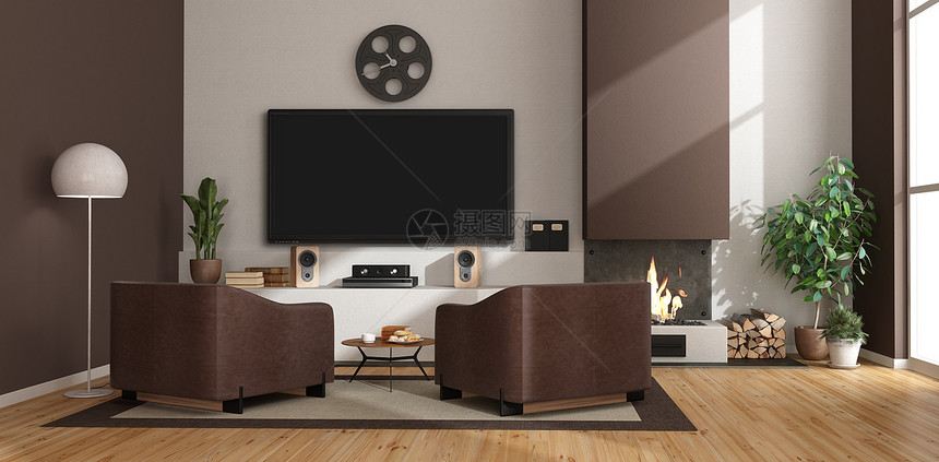 皮革娱乐装饰风格配壁炉皮臂椅和电视机的当代客厅3D为现代客厅配有壁炉椅和电视机图片