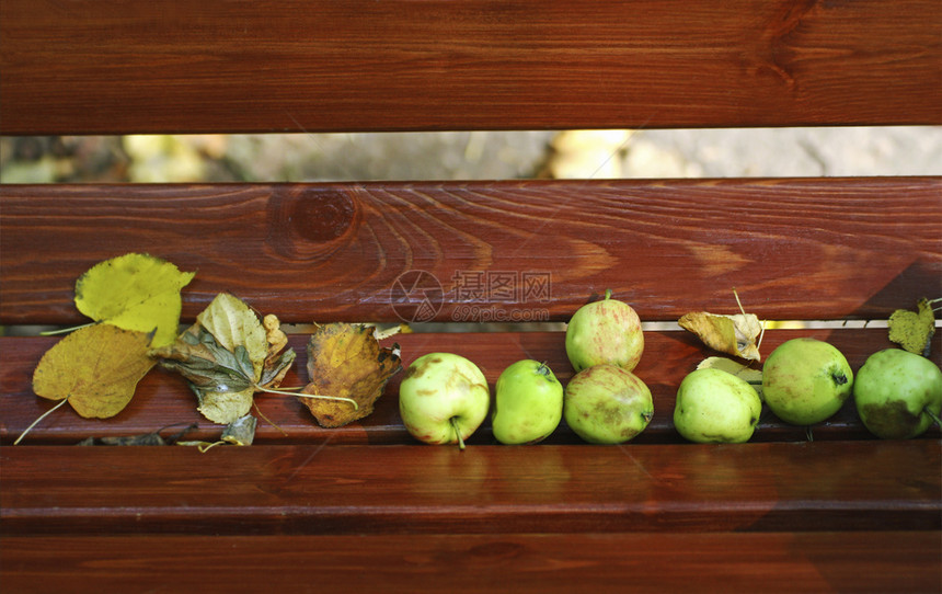 树叶秋天落下的绿苹果躺在木板凳上关闭了苹果甜点新鲜的图片