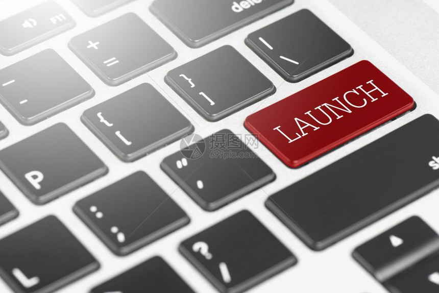 准备抽象的LAUNCH用于商业和技术概念的膝上型计算机的红色按钮键盘新的图片
