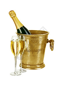 在冰桶里装瓶香槟用白色的孤立在背景上的干件酒鬼饮料优雅图片