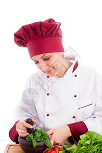 准备薄荷白人背景女餐厅厨师照片Succesfull女厨师成功图片