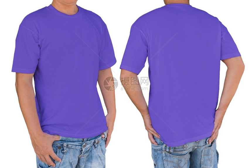紫红色牛仔裤身穿白板蓝色T恤衫有剪切路径前和后视图的男子插入标志图案或艺术品的模板颜色图片