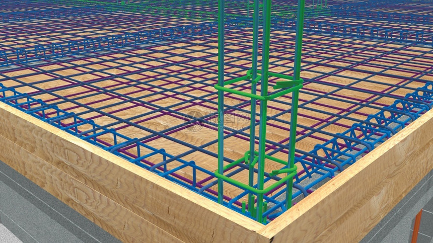 地面渲染正在建造的房屋底部角视图您可以看到木制成形体和钢棒组结构以及3D一列的杆子插图形式图片