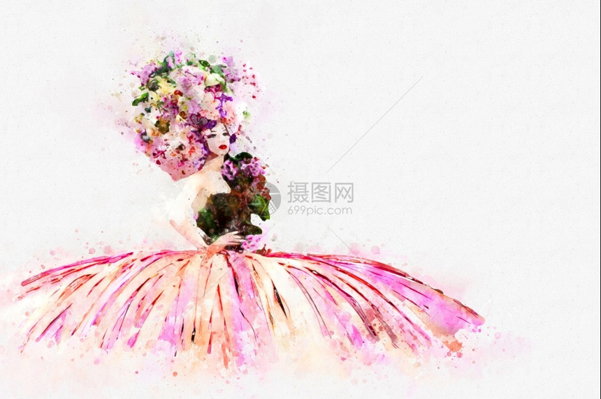 裙子墙纸身戴鲜花帽子和服装水彩色风格的时装女士数字画自然图片