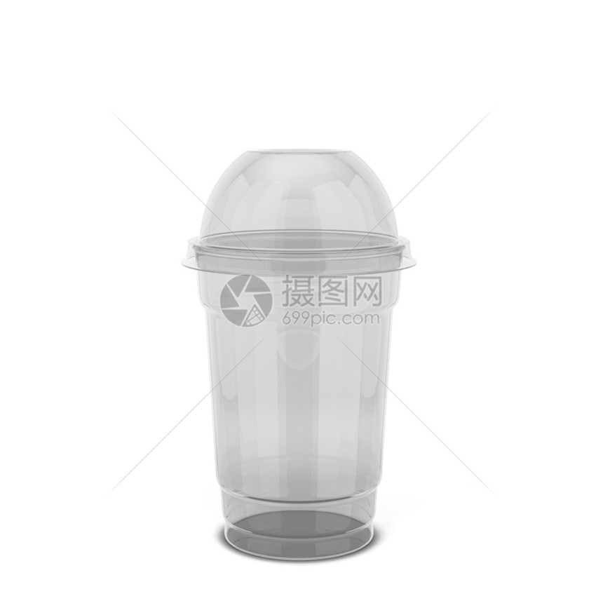 咖啡罐小样透明塑料杯用于果汁和其他饮料3D插图以白色背景隔离图片
