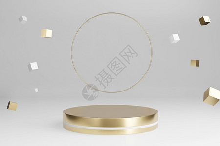 金的嘲笑3d制造模型黄金平台配有圆环闪亮和落下的金装饰盒空间用于产品展示空白的背景图片