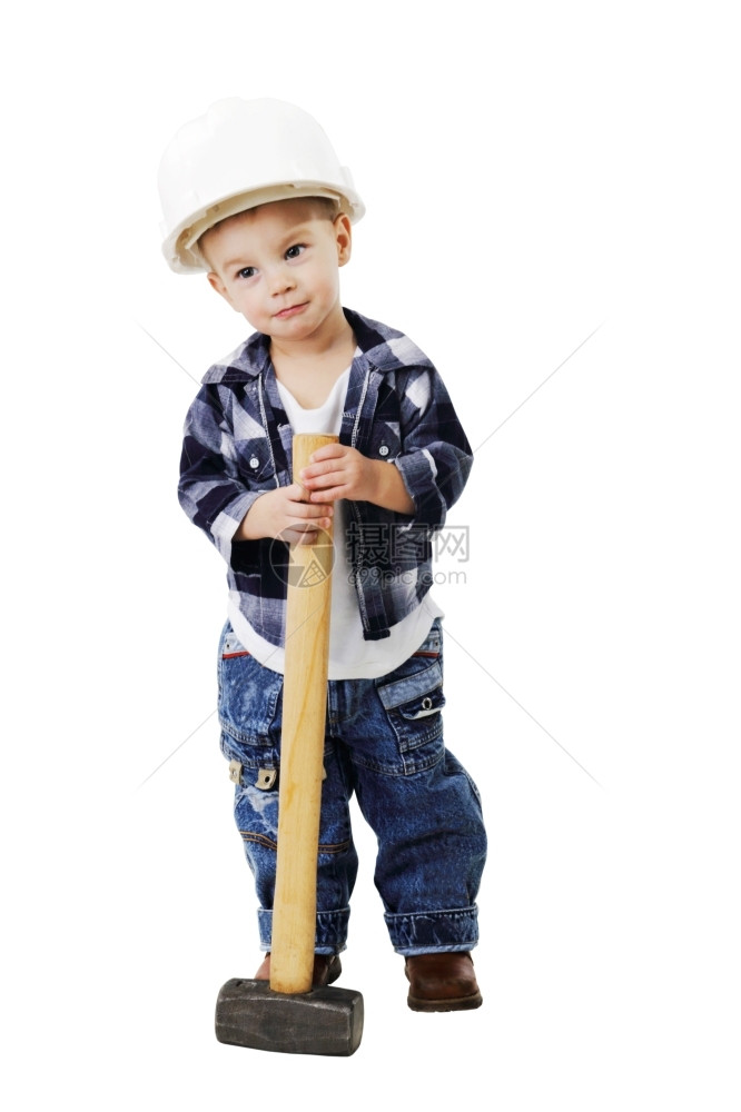 衣领戴头盔的小男孩白色背景上戴着锤子的雪橇领班高级的图片