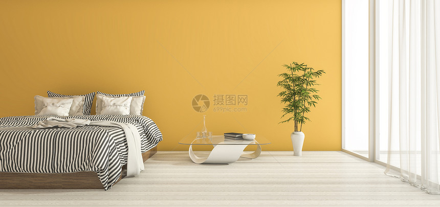 质地空的床3d以最微小的装饰和日光化为黄色卧室图片