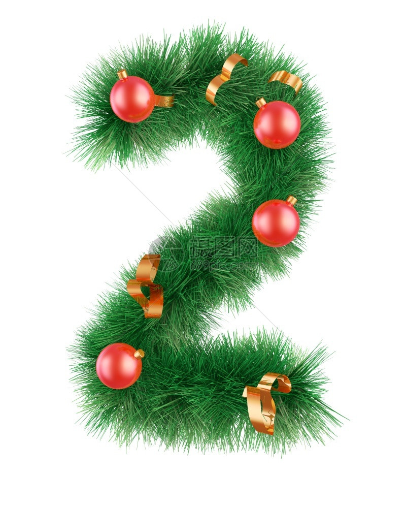 植物二号圣诞花圈的形状带丝和球在白色背景上3D化身花环一种图片