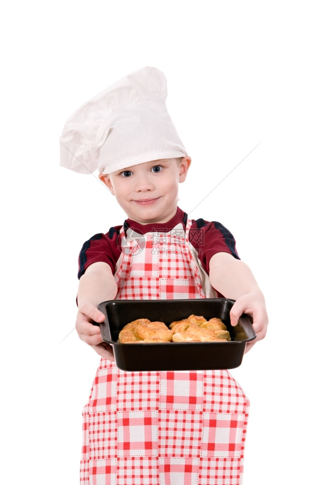 白种背景孤立的烤面包男厨师孩子们沉思的白色图片