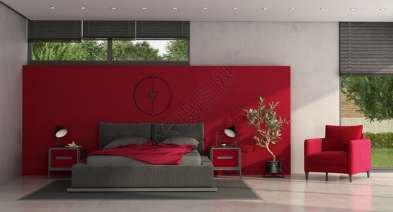 最小的卧室带双床夜架和扶手椅的最小红灰主卧室3D制成最起码的红灰主卧室灯花园软垫设计图片