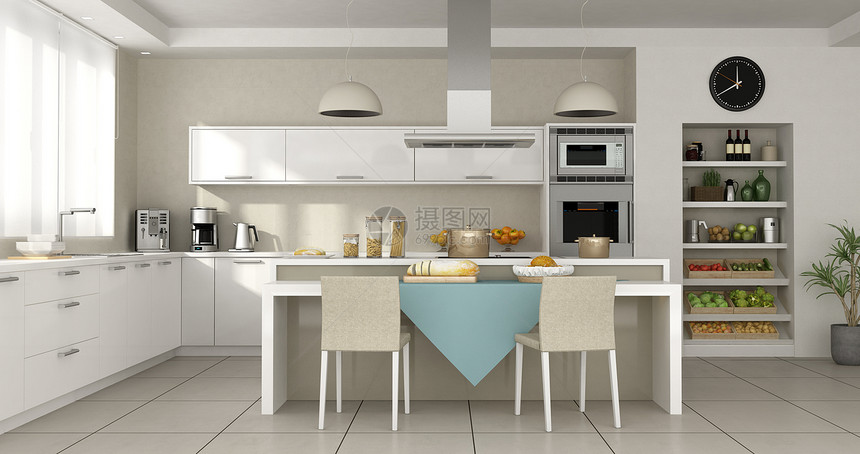 窗户极简主义者与岛一起的最小白人厨房3D与岛一起的现代白人厨房下沉图片
