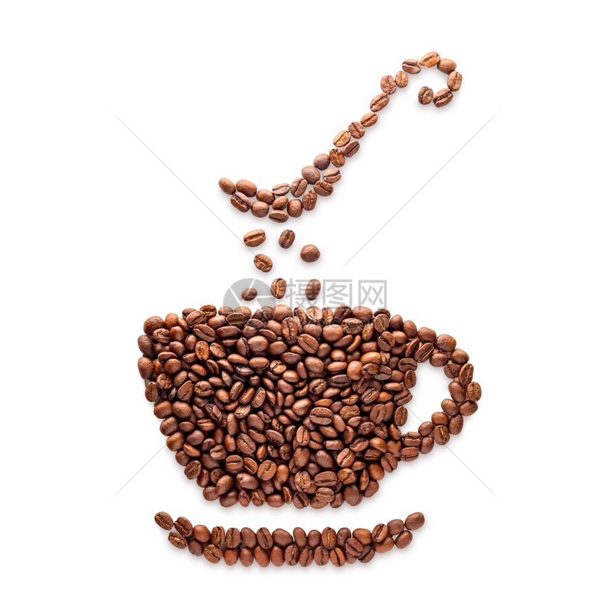 勺子咖啡杯以汤匙和酱碟为形状的咖啡壶由在白背景上孤立的豆子制成咖啡杯以汤匙和茶碗制成的豆子布局经过图片
