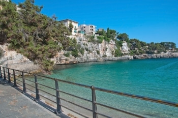 八月晴天传统的在西班牙巴利阿里群岛Mallorca岛的阳光明媚夏日在PortoCristo海滩上有绿水和蓝天图片