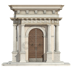 忻州拱辰门新古典式的旧门户有木头前和在白色3D上隔离的圆柱子以新古典式的旧门户孤立在白色上历史外部的拱设计图片