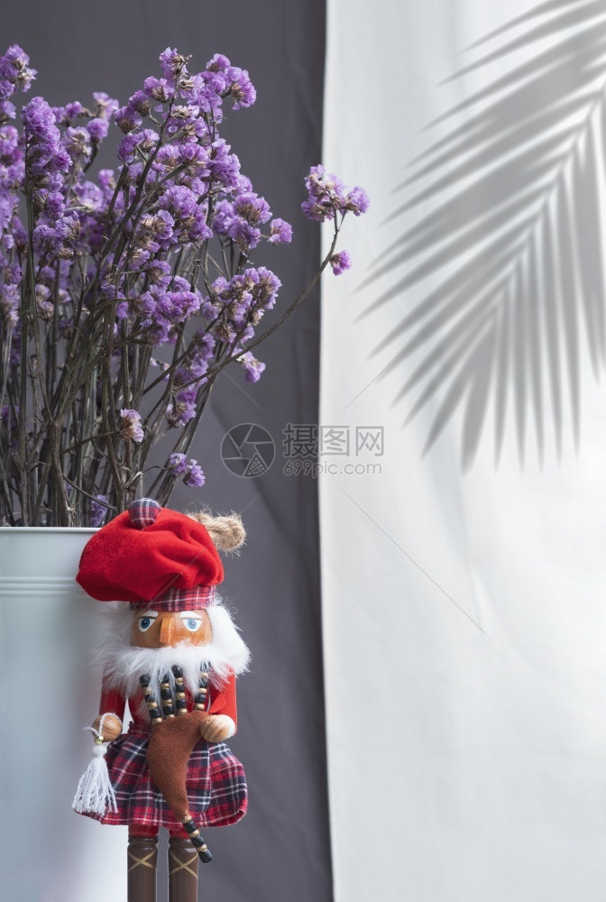叶子男小红色苏格兰娃白色桶里有干紫静态花朵在垂直框中白色和灰衣服背景表面有棕榈叶的阴影胡子图片