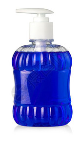 颜色卫生身体在白背景上隔离的含液肥皂和撒布器的蓝瓶色子图片