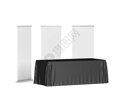桌子白色背景上孤立的三张插图纸旁挂着滚动横幅的空白交易桌布展示外部图片