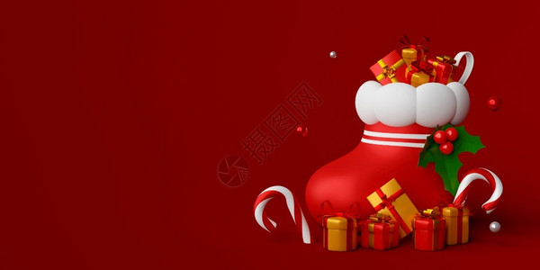 红色圣诞袜克劳斯海报圣诞袜的横幅礼物三插图盒子设计图片