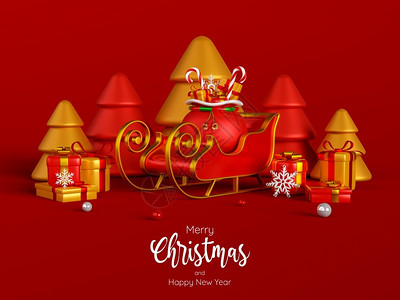 松树明信片Sleigh和圣诞礼物红底木上有Xmas树3d插图盒子图片