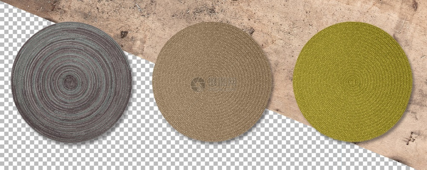 设置彩色圆轮织草垫以透明背景隔离木制的厨房空图片