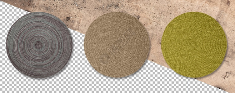 设置彩色圆轮织草垫以透明背景隔离木制的厨房空图片