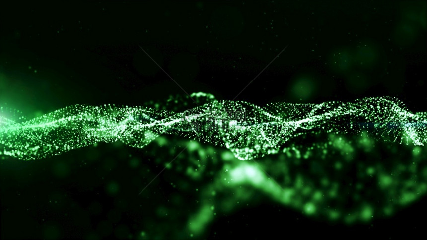 数字的液体粒子绿色彩波流抽象背景摘要散图片
