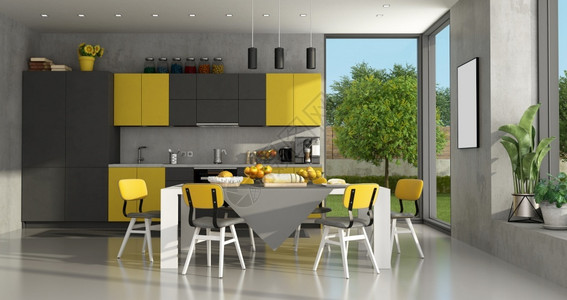 黑色和黄现代厨房配有餐桌3D制成黑和黄色现代厨房的空白地面图片