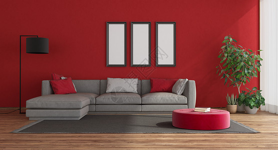 农间生活带有灰沙脚凳和地板灯的红色现代软体房3D用灰沙发作为红色现代软体房镶木地板间极简主义者设计图片