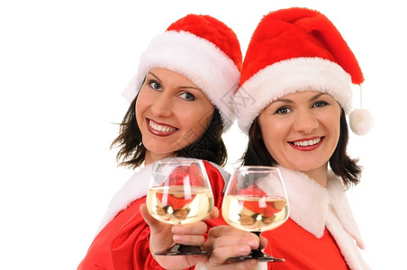 圣诞节友谊漂亮的女圣塔香槟在白色背景上被孤立图片