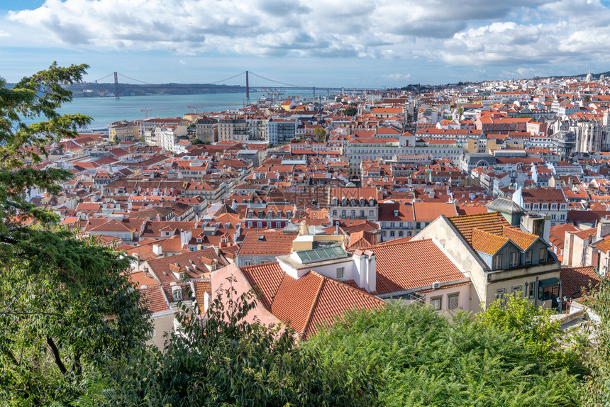 葡萄牙阳光明媚的一天里斯本线的空中观察历史镇天空图片