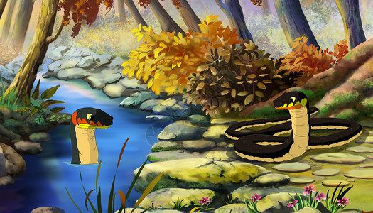 蛇骨链颜色正面人们水上和河岸的两条骰子蛇NatrixTessellata数字绘画卡通风格全彩插图背景