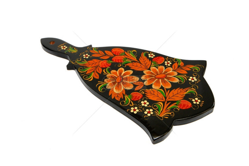 工艺手业术俄罗斯传统的黑切板用孤立的鲜花粉刷图片
