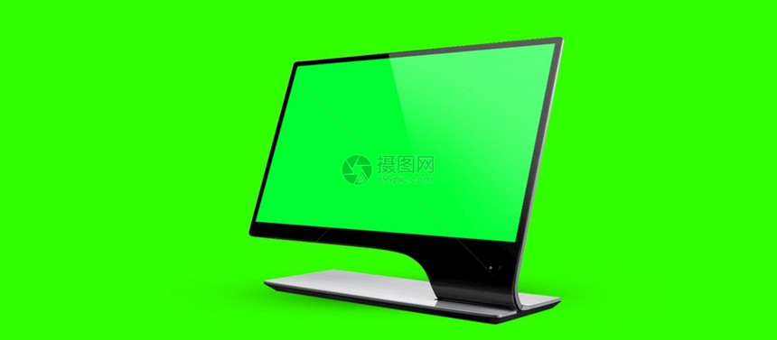 办公室桌子计算机开放视图亮绿色背景上的空屏幕横幅复制空间3d插图以亮绿色背景复制空间显示桌面图片
